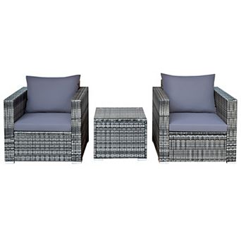 Costway 3 pc Patio Rattan Furniture Bistro Set Cushioned Sofa Chair Table