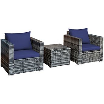 Costway 3 pc Patio Rattan Furniture Bistro Set Cushioned Sofa Chair Table