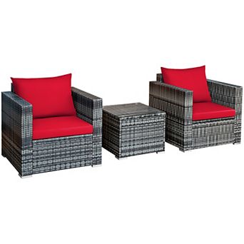 Costway 3 pc Patio Rattan Furniture Bistro Set Cushioned Sofa Chair Table