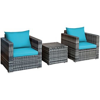 Costway 3 pc Patio Rattan Furniture Bistro Set Cushioned Sofa Chair Table