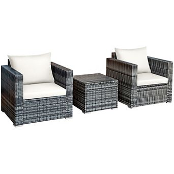 Costway 3 pc Patio Rattan Furniture Bistro Set Cushioned Sofa Chair Table