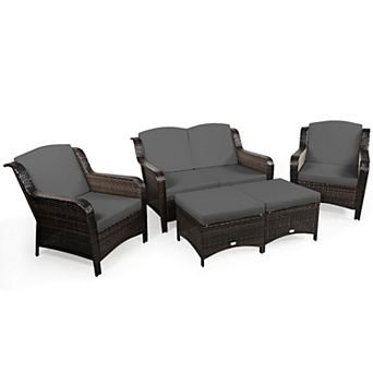 Costway 5 pc Patio Furniture Set Outdoor Rattan Conversation Sofa Set W/ Cushions