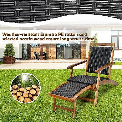 Costway Patio Folding Rattan Lounge Chair Wooden Frame W/ Retractable Footrest
