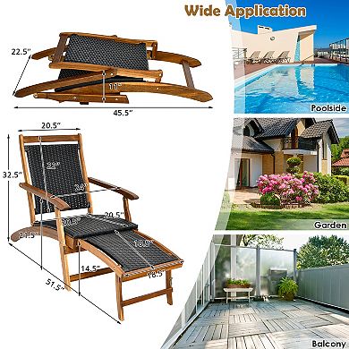 Costway Patio Folding Rattan Lounge Chair Wooden Frame W/ Retractable Footrest