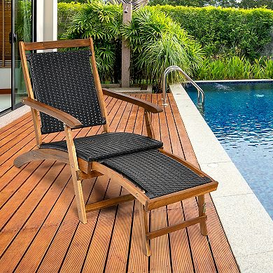 Costway Patio Folding Rattan Lounge Chair Wooden Frame W/ Retractable Footrest