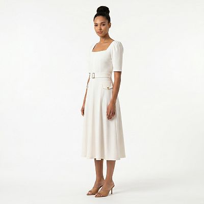 maison tara dresses Chiffon Satin Maxi Dress Step into timeless sophistication with this elegant ivory square neck midi dress Maison Tara Women's V-Neck Ruffle