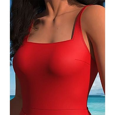 Women's One Piece Swimsuit - Square Neck Tie Front Swim Dress with Adjustable Straps