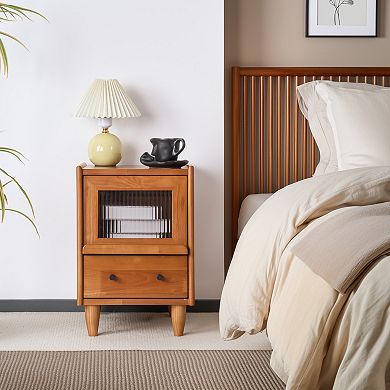 Retro Brown Solid Wood Nightstand with Two Drawers
