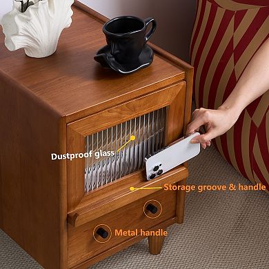 Retro Brown Solid Wood Nightstand with Two Drawers