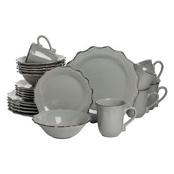Stoneware Dinnerware Set, Vintage Scalloped Embossed Ceramic Dish Set for Family Dining