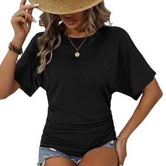 Women's Short Sleeve Ruched T-Shirt Casual Dolman Sleeve Round Neck Tops for Summer