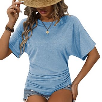 Women's Short Sleeve Ruched T-Shirt Casual Dolman Sleeve Round Neck Tops for Summer
