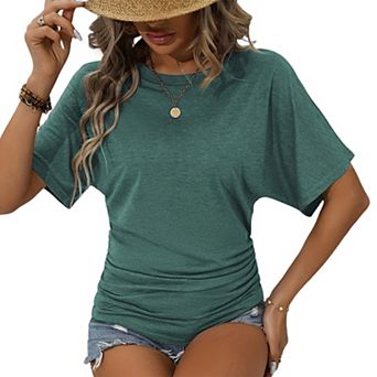 Women's Short Sleeve Ruched T-Shirt Casual Dolman Sleeve Round Neck Tops for Summer