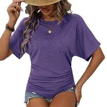 Women's Short Sleeve Ruched T-Shirt Casual Dolman Sleeve Round Neck Tops for Summer