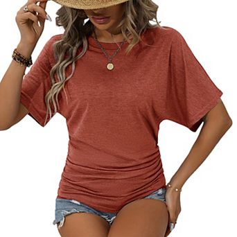 Women's Short Sleeve Ruched T-Shirt Casual Dolman Sleeve Round Neck Tops for Summer
