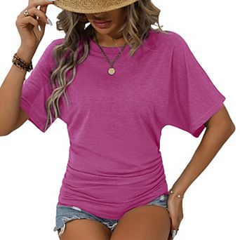 Women's Short Sleeve Ruched T-Shirt Casual Dolman Sleeve Round Neck Tops for Summer