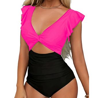 Women's One Piece Swimsuit Ruffle Sleeve Cutout Back Tummy Control Bathing Suit