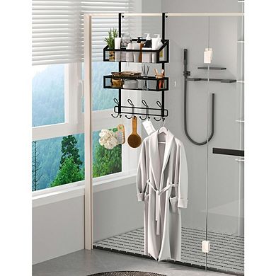 Over The Door Hooks Organizer with 12 Hooks and 2 Mesh Baskets Hanging Storage Rack