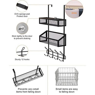 Over The Door Hooks Organizer with 12 Hooks and 2 Mesh Baskets Hanging Storage Rack
