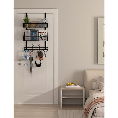 Over The Door Hooks Organizer with 12 Hooks and 2 Mesh Baskets Hanging Storage Rack