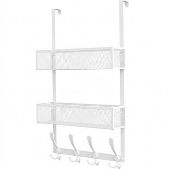 Over The Door Hooks Organizer with 12 Hooks and 2 Mesh Baskets Hanging Storage Rack