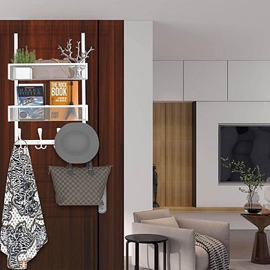 Over The Door Hooks Organizer with 12 Hooks and 2 Mesh Baskets Hanging Storage Rack
