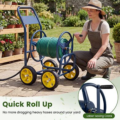 Heavy-Duty Metal Garden Hose Reel Cart with 4 Wheels