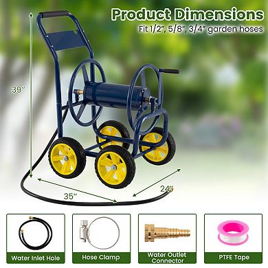 Heavy-Duty Metal Garden Hose Reel Cart with 4 Wheels