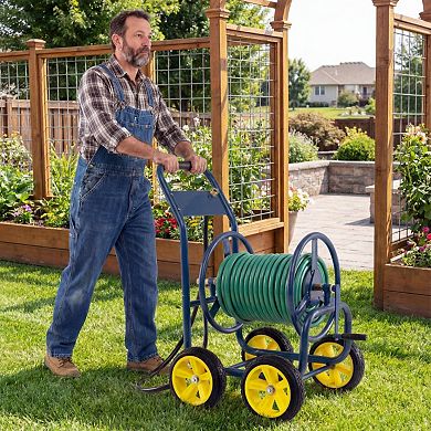 Heavy-Duty Metal Garden Hose Reel Cart with 4 Wheels