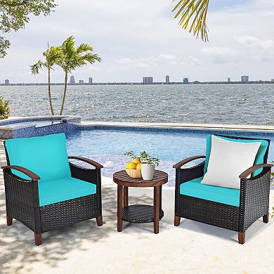 Costway 3PCS Patio Rattan Furniture Set Wooden Frame Cushion Table Shelf