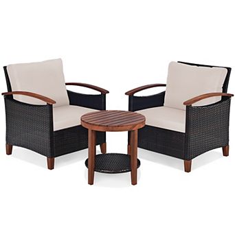 Costway 3 pc Patio Rattan Furniture Set Wooden Frame Cushion Table Shelf