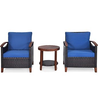 Costway 3 pc Patio Rattan Furniture Set Wooden Frame Cushion Table Shelf