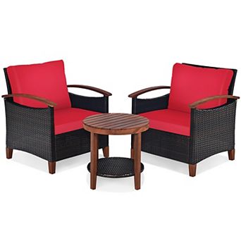 Costway 3 pc Patio Rattan Furniture Set Wooden Frame Cushion Table Shelf