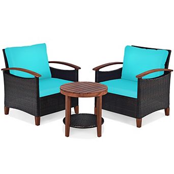 Costway 3 pc Patio Rattan Furniture Set Wooden Frame Cushion Table Shelf