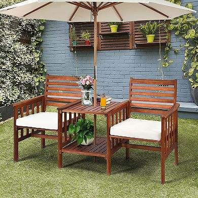 Costway Patio Loveseat Conversation Set Acacia Wood Chair Coffee Table Cushioned