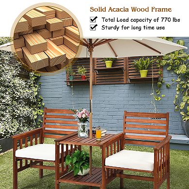 Costway Patio Loveseat Conversation Set Acacia Wood Chair Coffee Table Cushioned