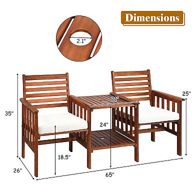 Costway Patio Loveseat Conversation Set Acacia Wood Chair Coffee Table Cushioned