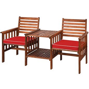 Costway Patio Loveseat Conversation Set Acacia Wood Chair Coffee Table Cushioned