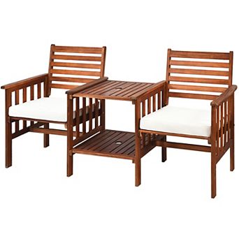 Costway Patio Loveseat Conversation Set Acacia Wood Chair Coffee Table Cushioned