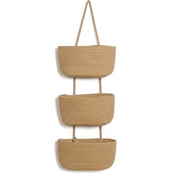 Over The Door Hanging Organizer with 3 Woven Cotton Baskets Storage Rack