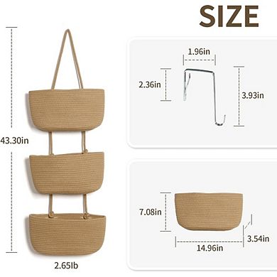 Over The Door Hanging Organizer with 3 Woven Cotton Baskets Storage Rack