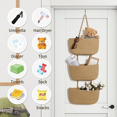 Over The Door Hanging Organizer with 3 Woven Cotton Baskets Storage Rack