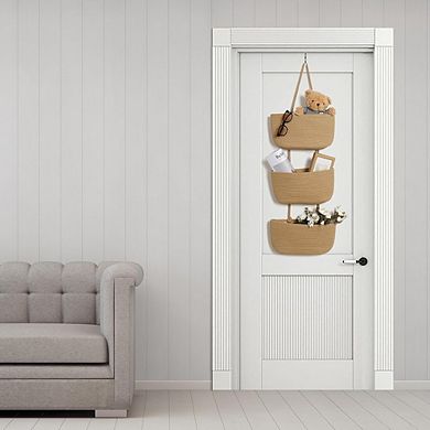 Over The Door Hanging Organizer with 3 Woven Cotton Baskets Storage Rack