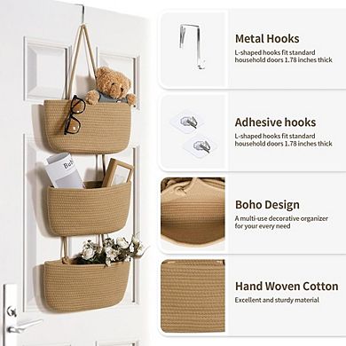 Over The Door Hanging Organizer with 3 Woven Cotton Baskets Storage Rack