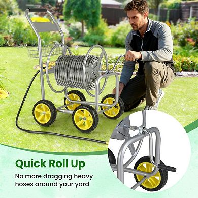Metal Garden Hose Reel Cart with 4 Wheels and Storage Basket