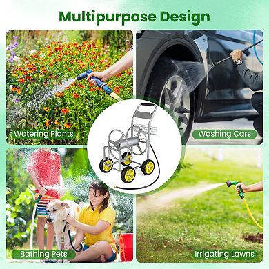 Metal Garden Hose Reel Cart with 4 Wheels and Storage Basket