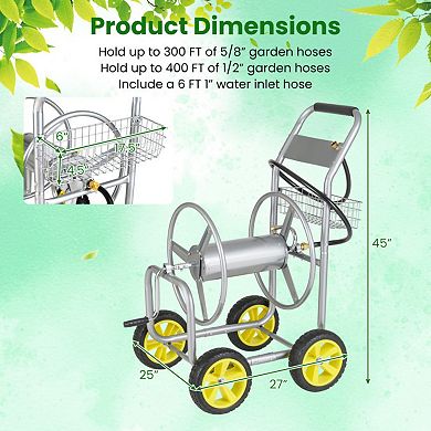 Metal Garden Hose Reel Cart with 4 Wheels and Storage Basket