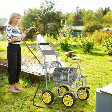 Metal Garden Hose Reel Cart with 4 Wheels and Storage Basket