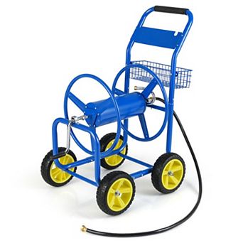 Metal Garden Hose Reel Cart with 4 Wheels and Storage Basket