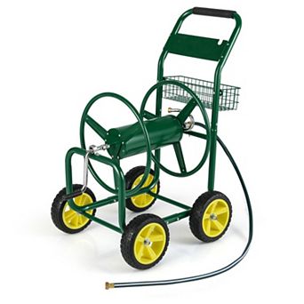 Metal Garden Hose Reel Cart with 4 Wheels and Storage Basket